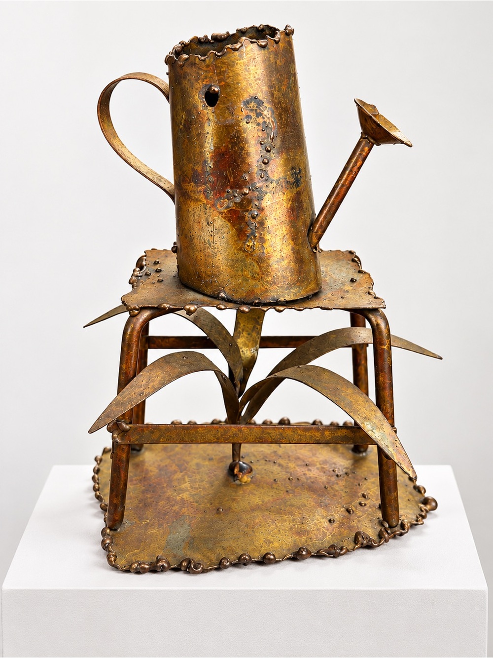 Brutalist Torch-Cut Brass Watering Can Sculpture on Stand MCM Studio Art OOAK